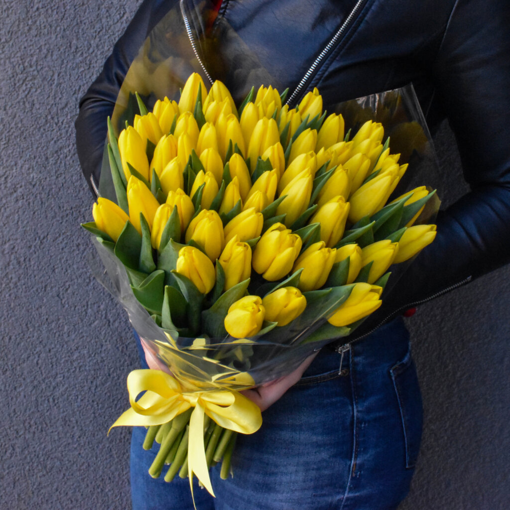 A bouquet of yellow tulips for women