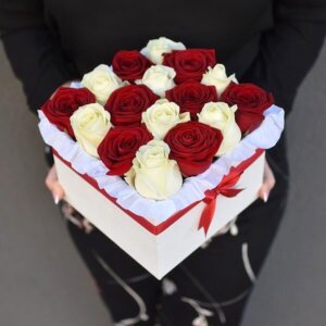 Square box of red and white roses